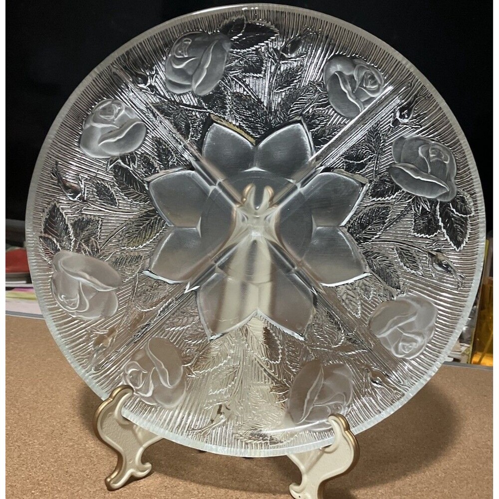 Vintage Savoir Vivre Italian MCM Glass Divided Relish Platter Rose Tiara 11.5”
